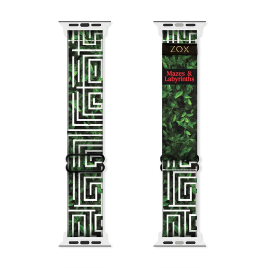 Watchband with a dark forest green base of heavy vines/trees/leaves. The design on top is white angles to represent a maze. The inside is the same and reads Mazes & Labyrinths. Check out size guide for compatible watches. 
