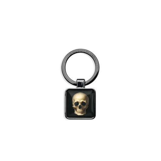 ZOXlox keychain for a wristband single only. The rectangle dangle is black with a weathered skull on one side and Memento Mori on the other side.