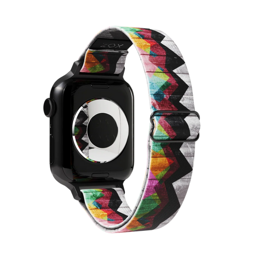 Watchband with two design in one. The background design is a black and grey weathered picket fence and has a grainy look to it. Over top about 3/4 showing, is abstract mountains of varying colors. The inside is the same design and reads Mountains to Molehills. Check out the size giude for compatible watches.