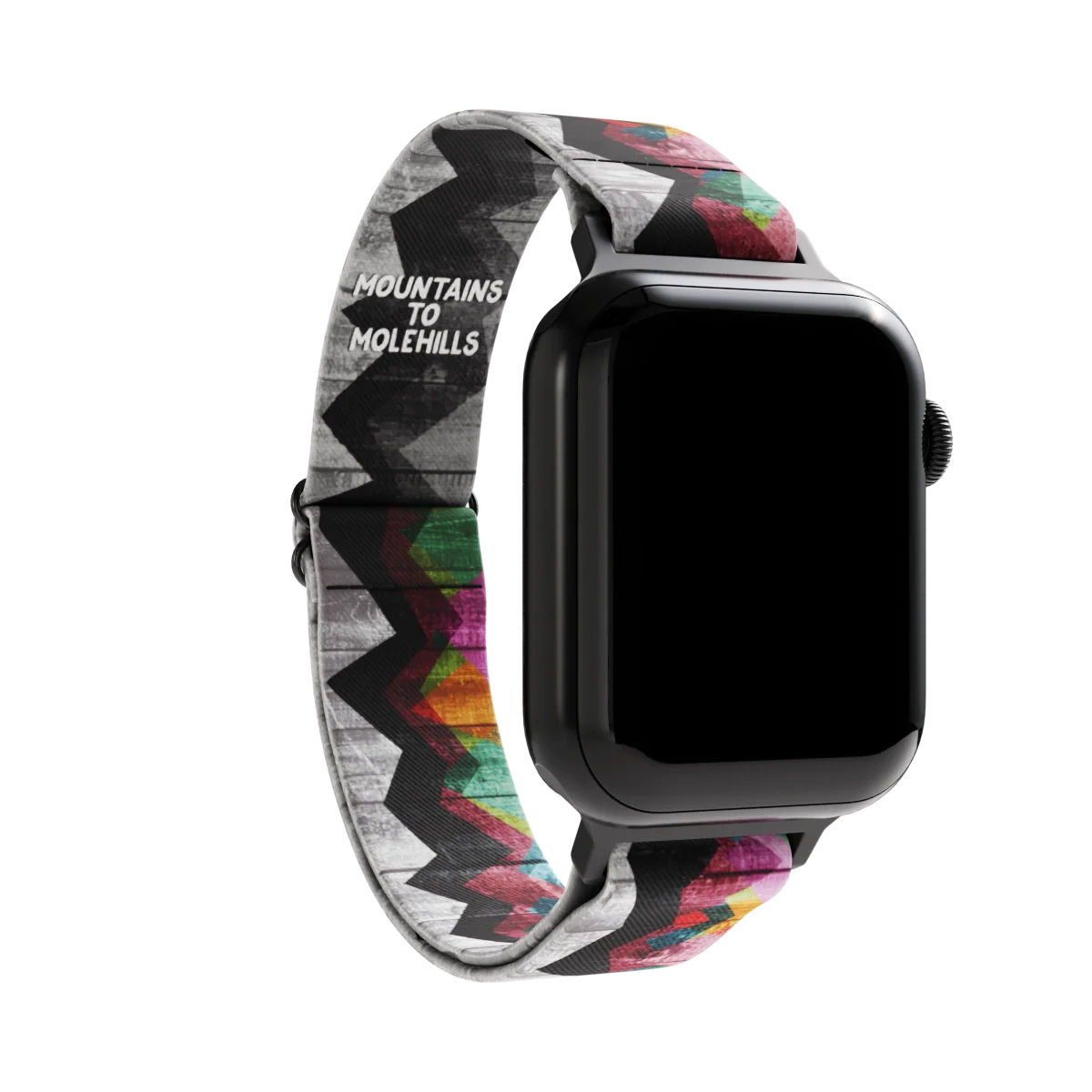 Watchband with two design in one. The background design is a black and grey weathered picket fence and has a grainy look to it. Over top about 3/4 showing, is abstract mountains of varying colors. The inside is the same design and reads Mountains to Molehills. Check out the size giude for compatible watches.