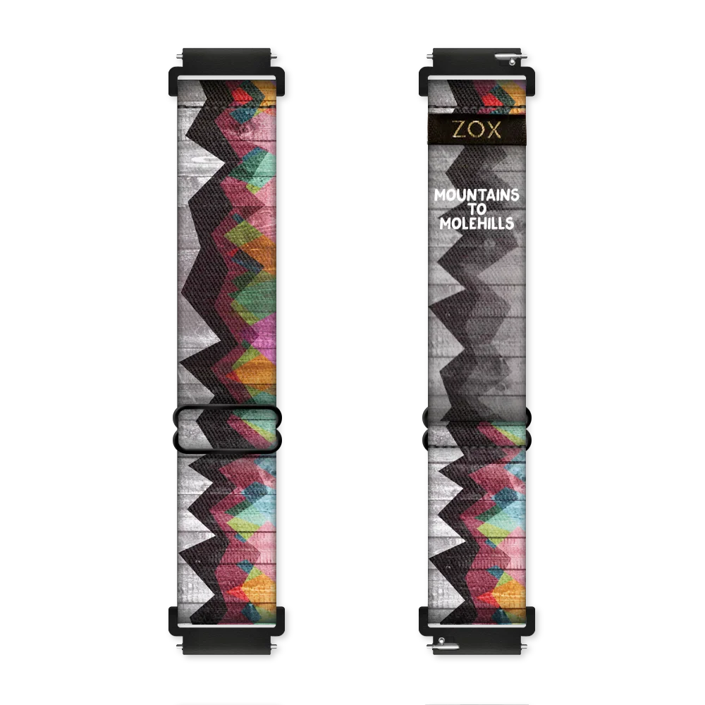 Watchband with two design in one. The background design is a black and grey weathered picket fence and has a grainy look to it. Over top about 3/4 showing, is abstract mountains of varying colors. The inside is the same design and reads Mountains to Molehills. Check out the size giude for compatible watches.