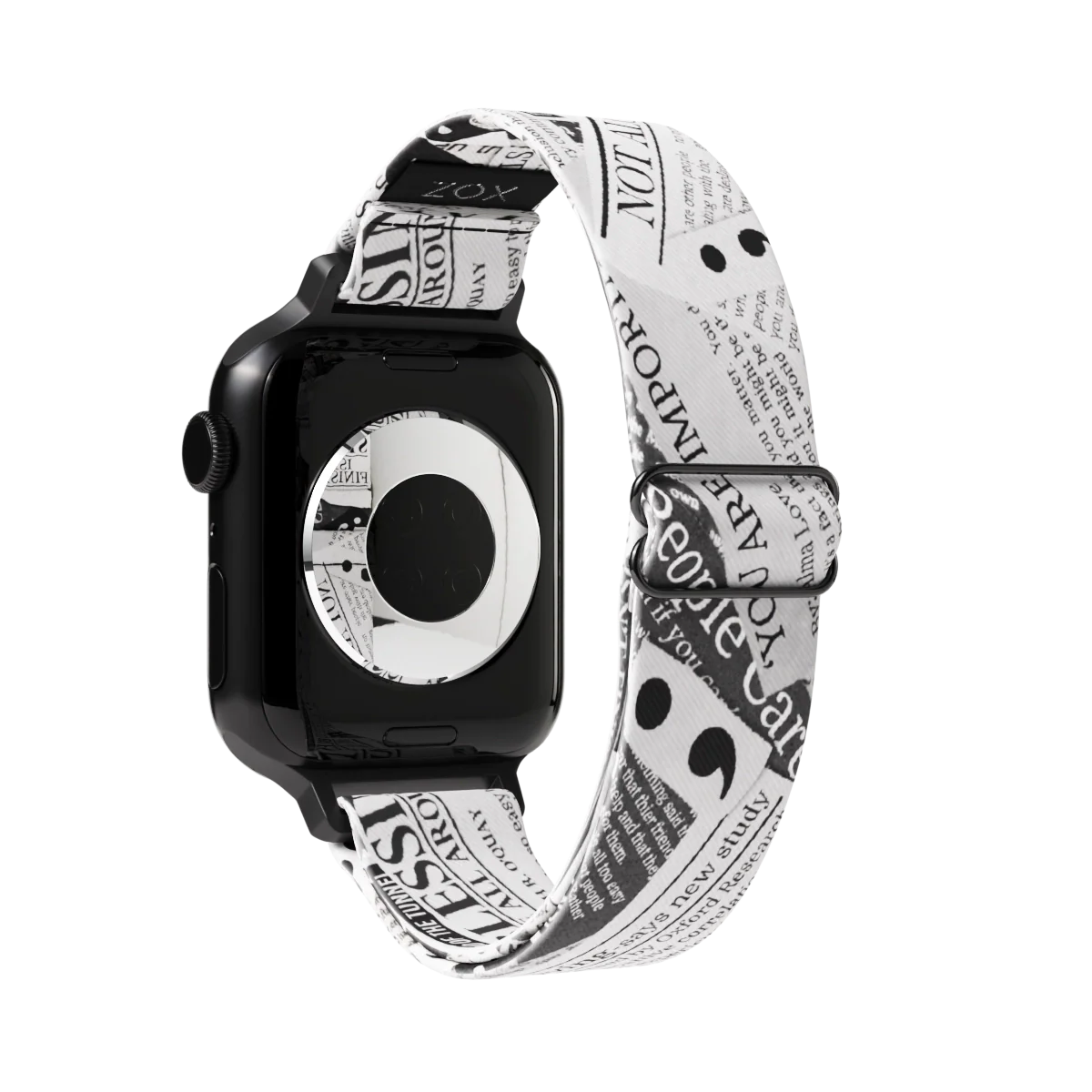 Watchband with a black and white newspaper clipping design. The text is upclose and has random "headlines" of motivational words such as "not alone". The inside is the same and reads My Story Isn't Finished. Check out the size guide for compatible watches.