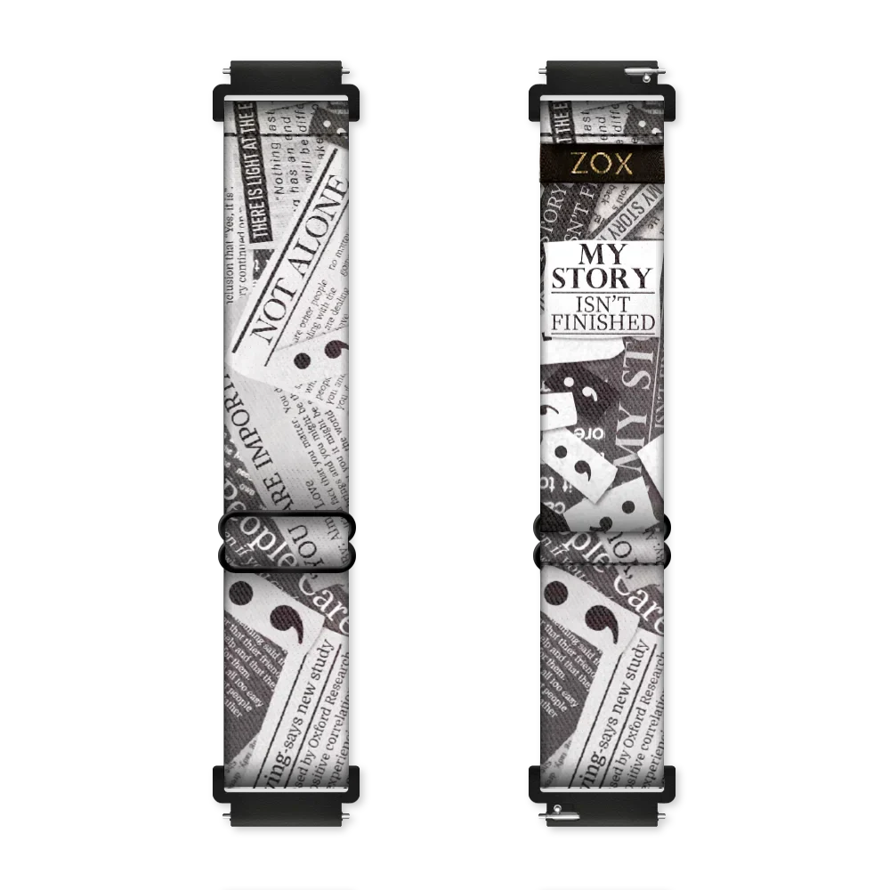 Watchband with a black and white newspaper clipping design. The text is upclose and has random "headlines" of motivational words such as "not alone". The inside is the same and reads My Story Isn't Finished. Check out the size guide for compatible watches.