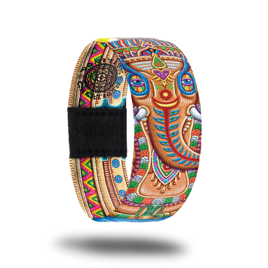 Outside design of No Worries, colorful front facing elephant in the unique style of artist Chris Dyer