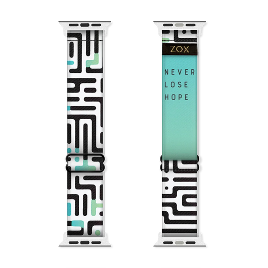 Watchband. This design has an underlying green and teal gradient effect with black and white maze on top. The inside is the same gradient and reads Never Lose Hope. Check out the size guide for compatible watches.