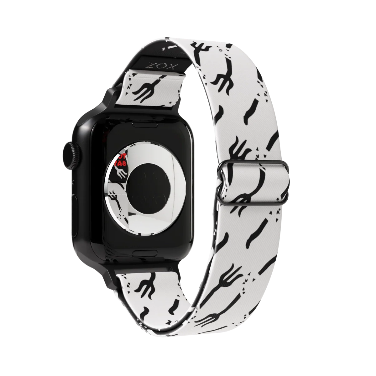 Watchband outside is very light grey and has black pitchforks all over. 