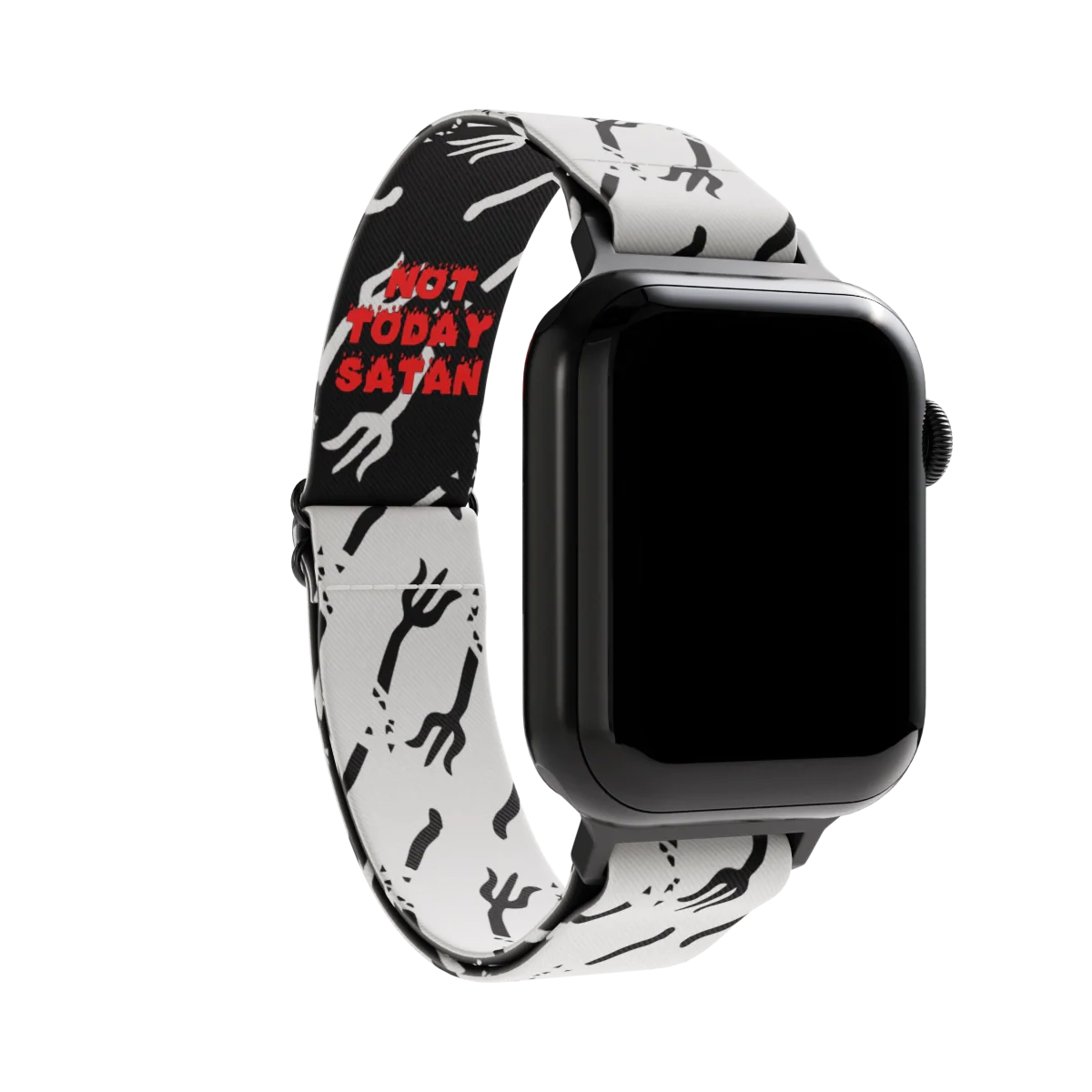 Inside is the same design and has a small portion that is black with white pitchforks. It says Not Today Satan in bright red. 