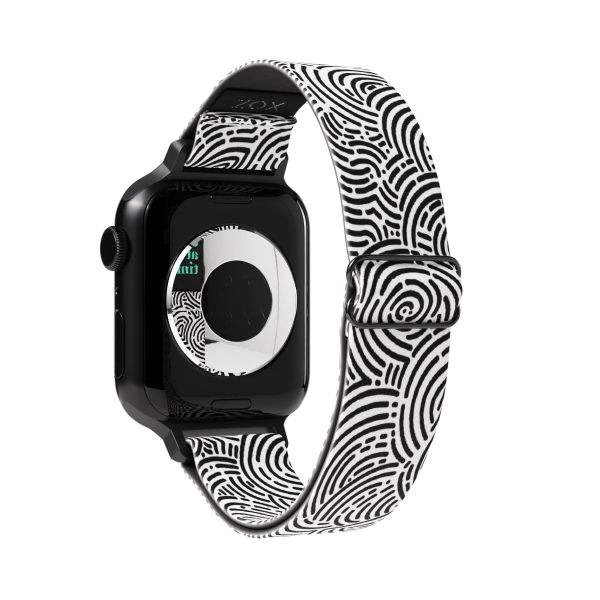 Watchband outside is black and white maze swirls all over. 