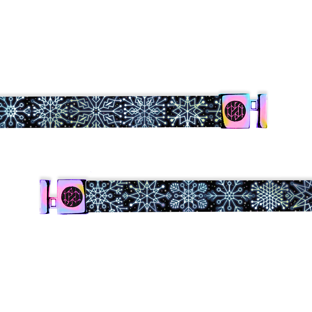 Hoodie string is black and has blue and white glowing snowflakes all over. Comes with pink iridescent aglets. 