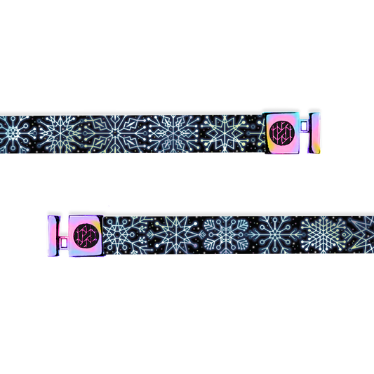 Hoodie string is black and has blue and white glowing snowflakes all over. Comes with pink iridescent aglets. 