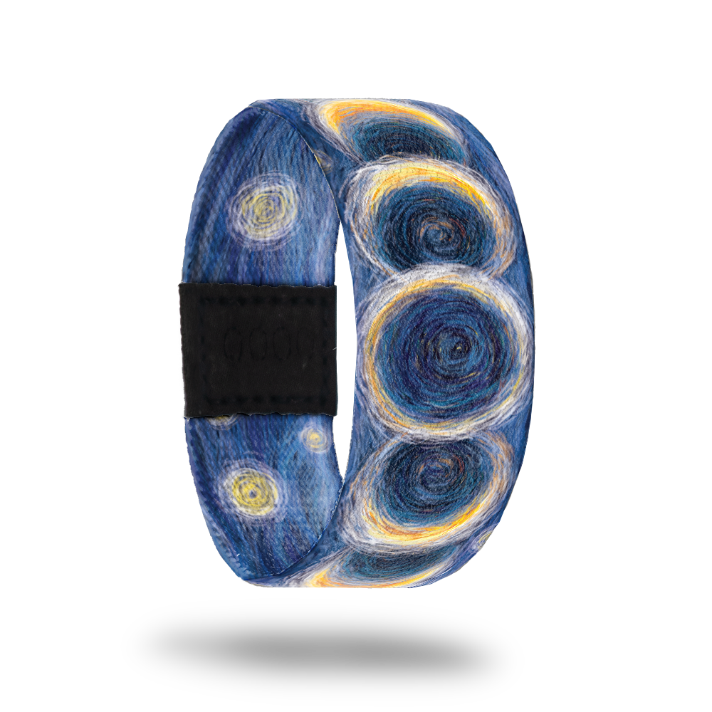 Outside Design of Over the Moon: dark blue design with white, yellow, gold and blue sketches of moons