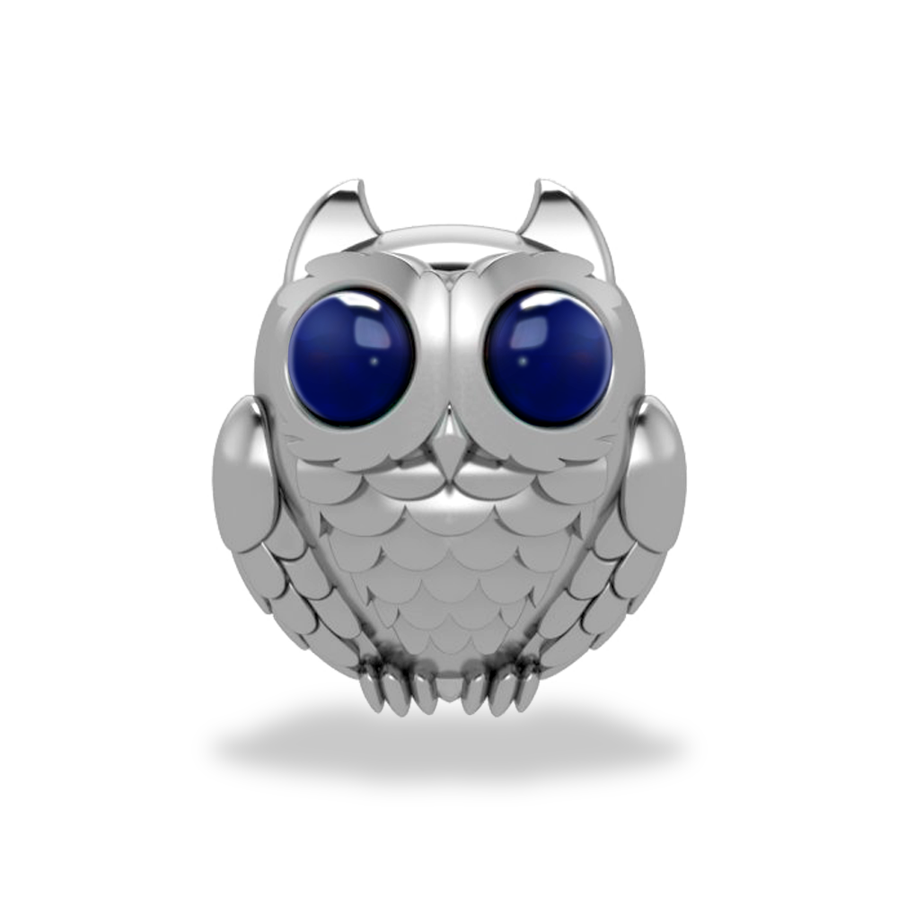 This is a charm that fits ZOX single wristbands, lanyards and hoodie strings only. It is made from stainless steel and is silver in color. The design is a sitting owl with big dark blue eyes.