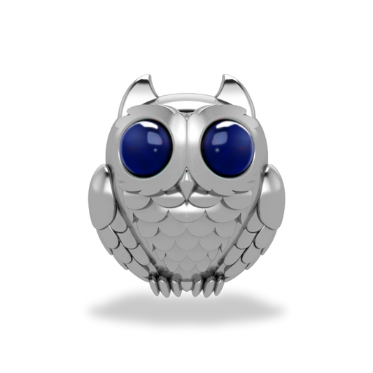 This is a charm that fits ZOX single wristbands, lanyards and hoodie strings only. It is made from stainless steel and is silver in color. The design is a sitting owl with big dark blue eyes.