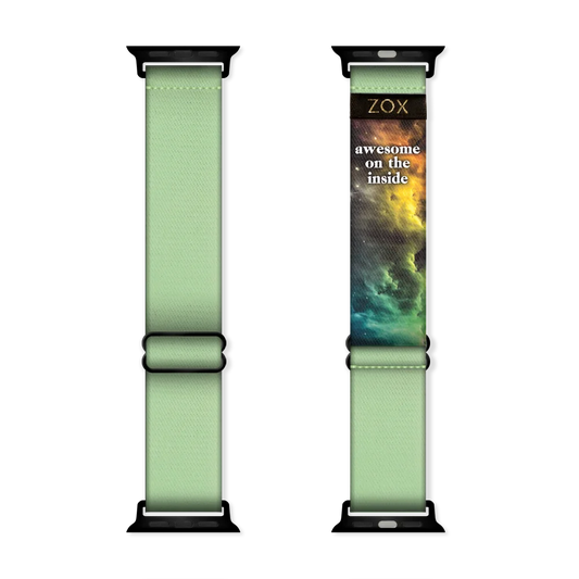 Watchband with kelly green outside, no design. Inside is the same and reads Awesome On the Inside. Check the size guide for compatible watches.  