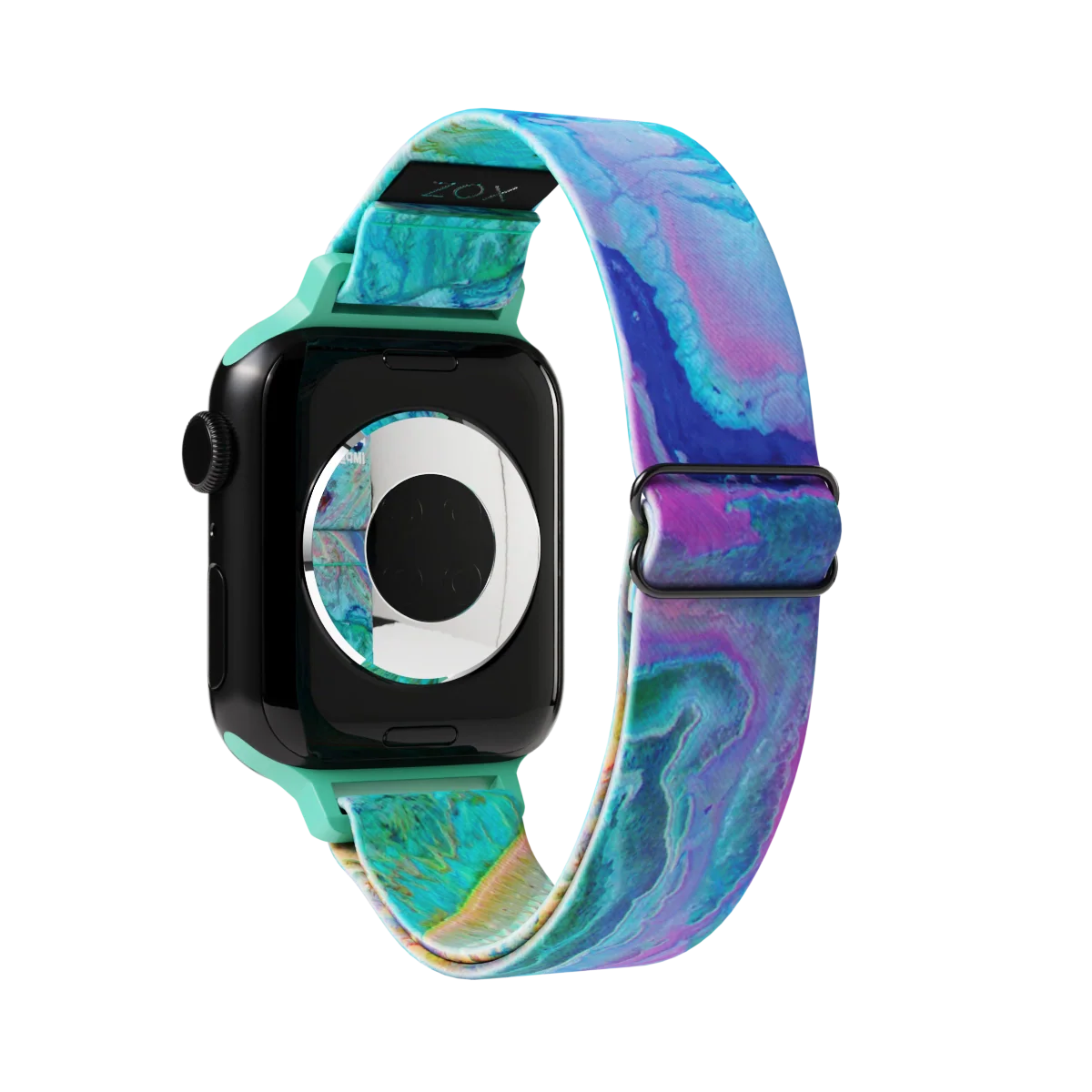 Outside is a geode design in purple, blue and green.