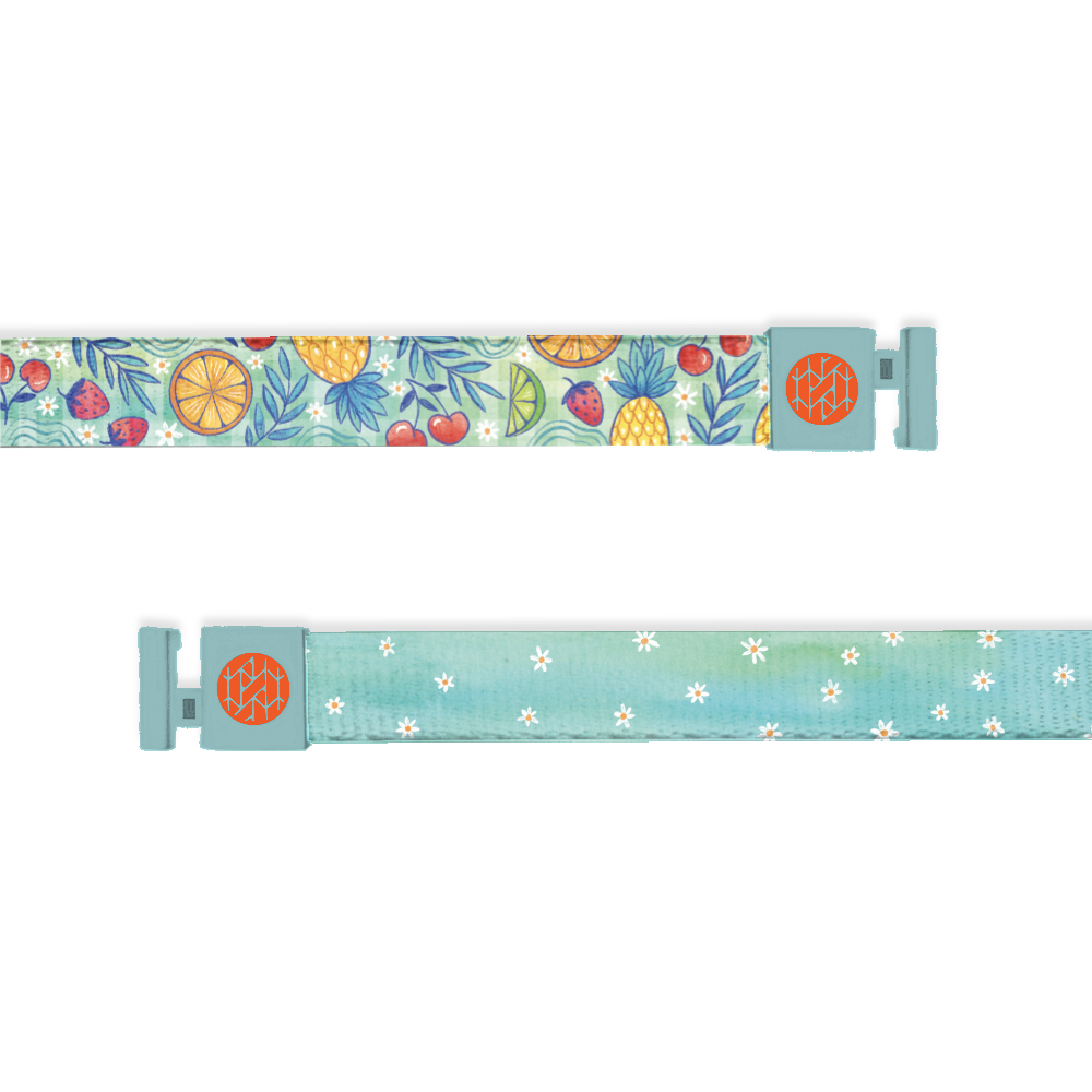 Hoodie string outside is teal with colorful fruit all over such as cherries, strawberries, pineapples, orange slices, leaved and limes. Inside is teal with white daisies and comes with daisy aglets. 