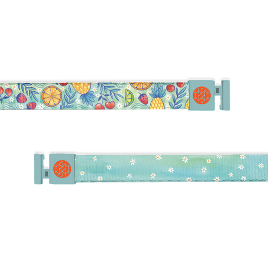 Hoodie string outside is teal with colorful fruit all over such as cherries, strawberries, pineapples, orange slices, leaved and limes. Inside is teal with white daisies and comes with daisy aglets. 