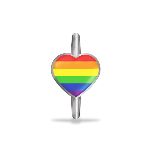 This is a charm that fits ZOX single wristbands, lanyards and hoodie strings only. It is made from stainless steel and is silver in color.  The design is a heart with the colors of the rainbow going horizontal to the heart shape. 