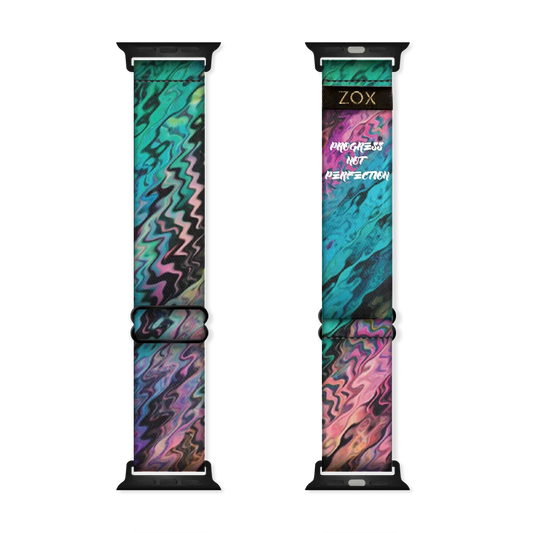 Wristband single with pink, purple, blue, teal, black and read abstract paint swirls. The inside is the same and reads Progress Not Perfection. Check out the size giude for compatible watches. 