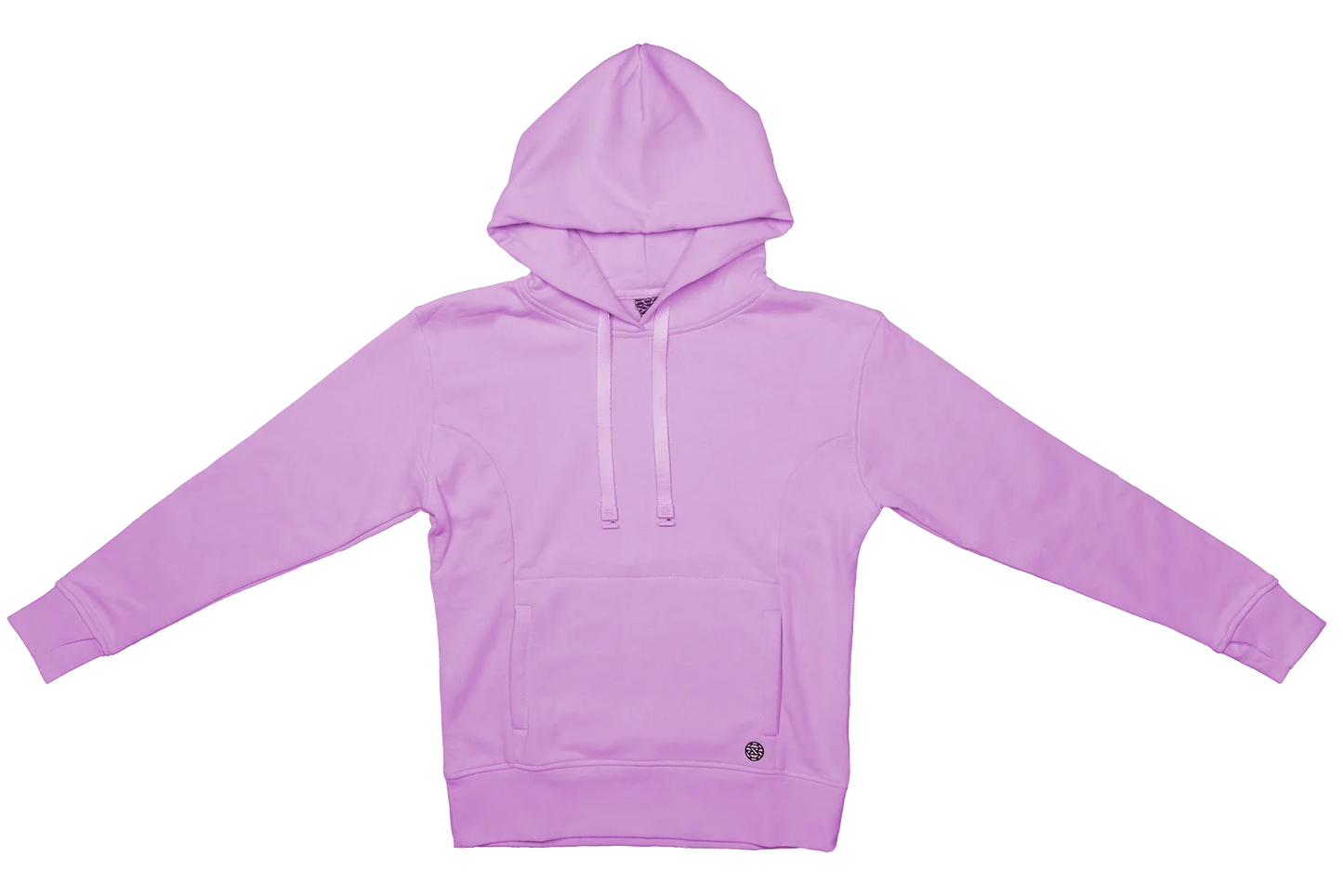 Lilac hoodie with kangaroo pocket, ZOX log in the bottom right corner of the pocket. Has a hood and a matching lilac hoodie string. 