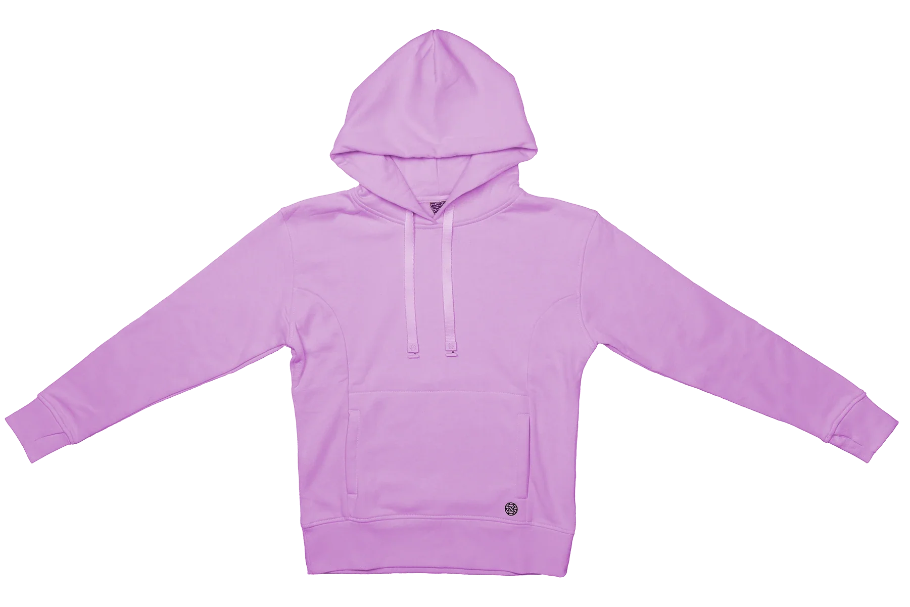 Lilac hoodie with kangaroo pocket, ZOX log in the bottom right corner of the pocket. Has a hood and a matching lilac hoodie string. 