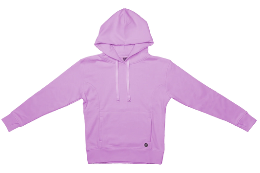 Lilac hoodie with kangaroo pocket, ZOX log in the bottom right corner of the pocket. Has a hood and a matching lilac hoodie string. 