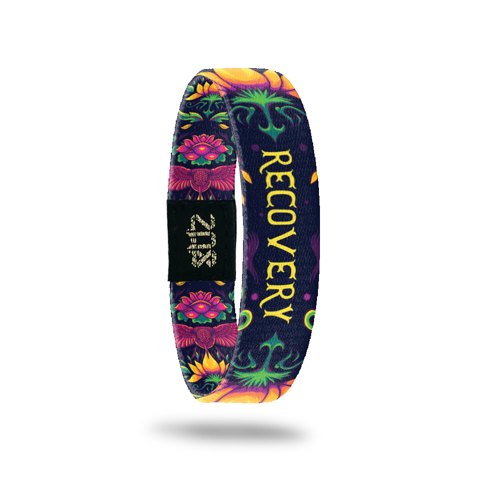 Inside Design of Recovery: dark purple background with floral and bird design with yellow text ‘Recovery’