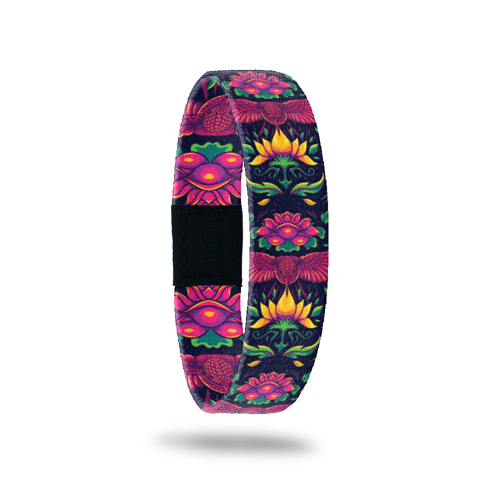 Outside Design of Recovery: dark purple background with floral and bird design