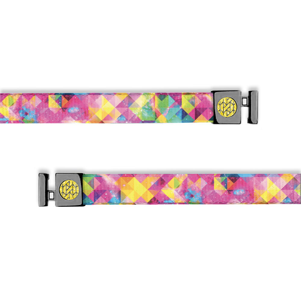 Hoodie string that is hot pink, yellow, neon colored prism design. 