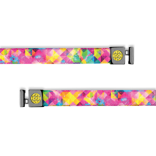 Hoodie string that is hot pink, yellow, neon colored prism design. 