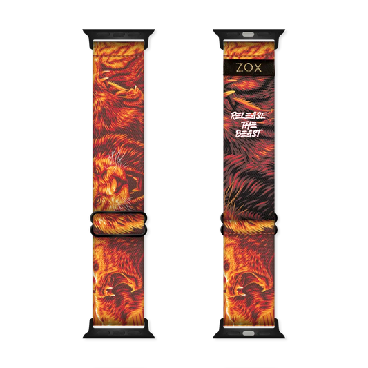 Watchband design of a red and orange close-up of several lions with mouths open, roaring. The inside is the same and reads Release The Beast. 