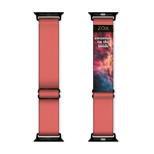 Watchband is a rusty red color with no design. The inside is the same and reads Awesome On The Inside. Check size guide for compatible watches. 