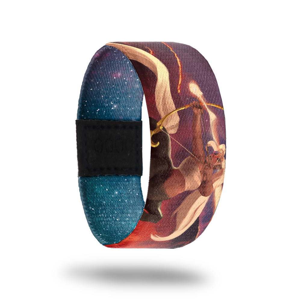 Outside design for Sagittarius. A blended background of dark purple and red. At the center is an illustrated image of Sagittarius the centaur archer, half human and half horse.