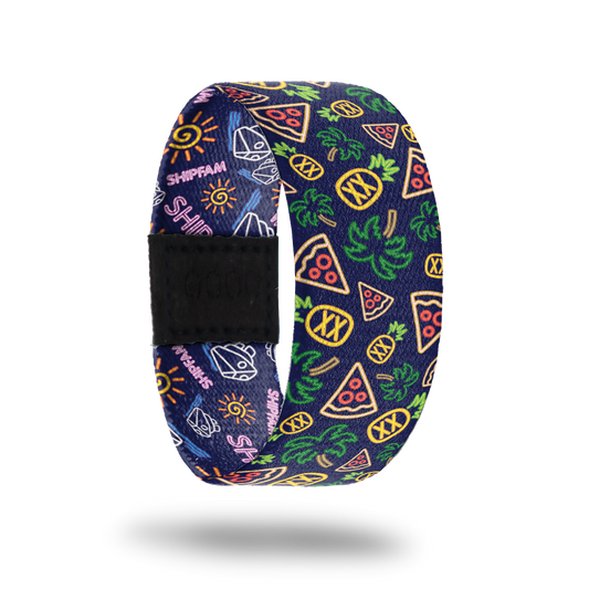 Product photo of the outside of ShipFam: navy blue design with repeating neon light sign palm trees, pineapples, and pizza