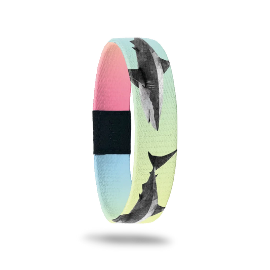 Gradient pastel colors in the background with black and white images of sharks all over. Inside is the same design and reads Stay Hungry. 