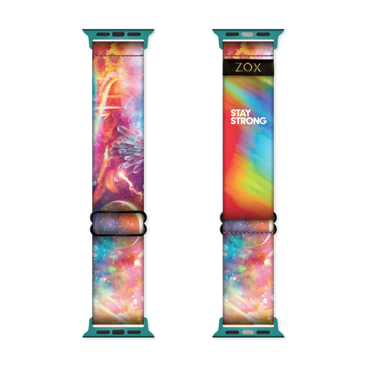 Watchband is brightly colored watercolor image and inside reads Stay Strong. 