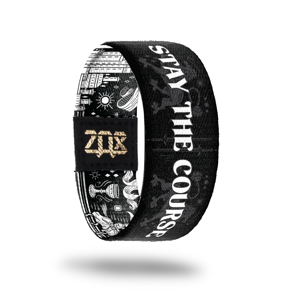 Inside Design of Stay the Course: black design with grey lions, swords, diamonds and gems, suns, and knights on horses with white text 'Stay the Course'