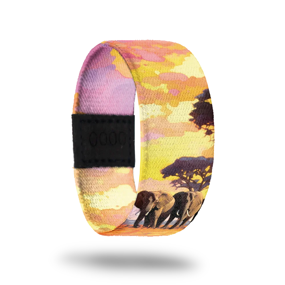 Outside is a pink, yellow and orange African sunset with elephants. Inside is the same sunset with "Strength in Unity" written. 