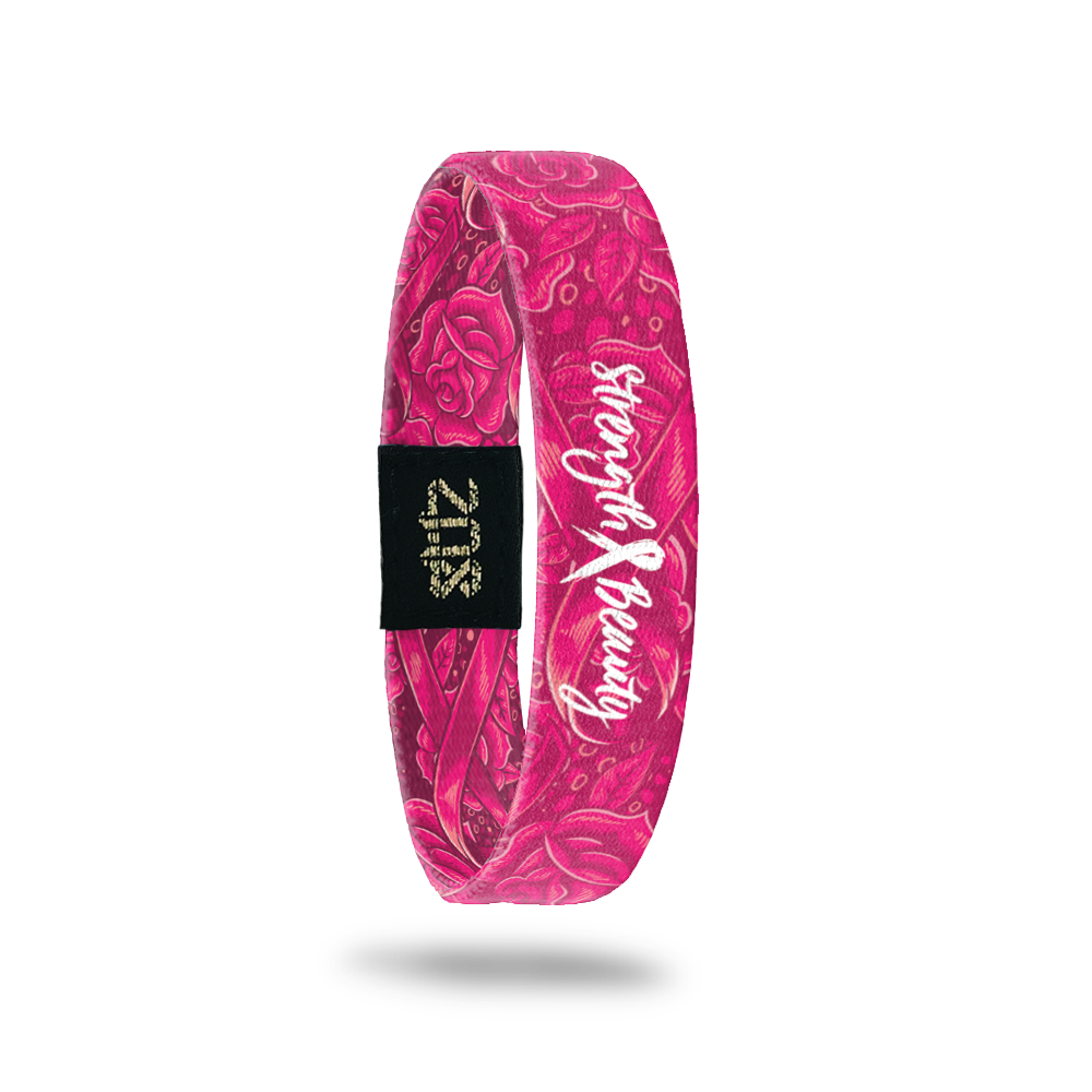Inside design for Strength and Beauty. With pink roses and ribbon artwork on the outside for Breast Cancer Awareness. Centered is Strength and Beauty in white text