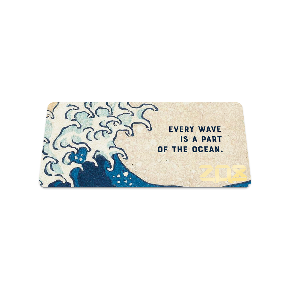 The Great Wave watch band. Front and back. Image of the Great Wave art piece. Card text: Every wave is a part of the ocean.