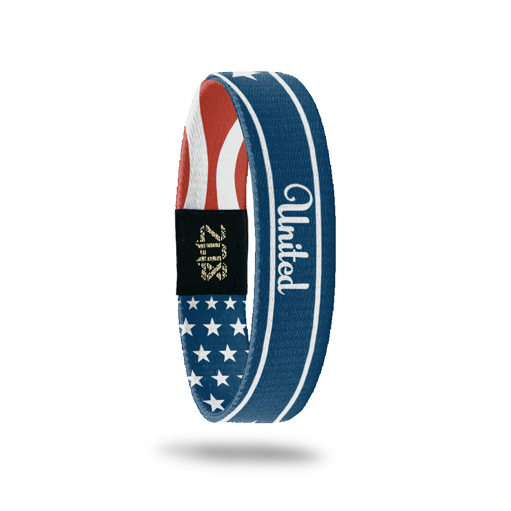 Inside Design of United: dark blue and white striped and star design with cursive white text ‘United’