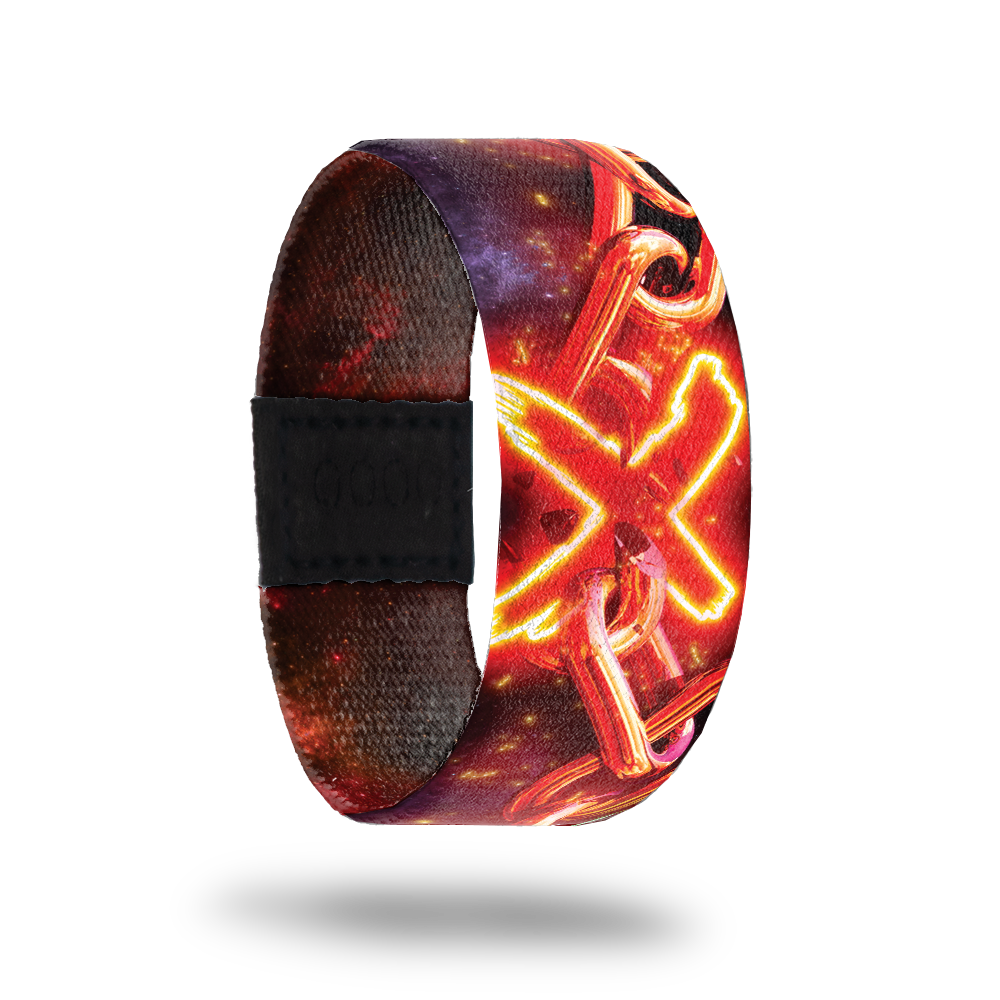 Outside design for Unbound. Dark background with realistic chain across the design with a neon "X" through the chain at the center 