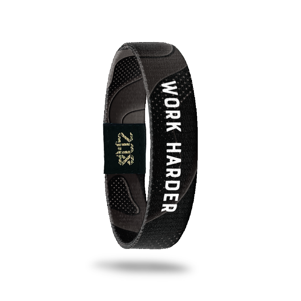 Inside Design of Work Harder: black and grey flowy design with grey dots and bold white text overlaying 'Work Harder'