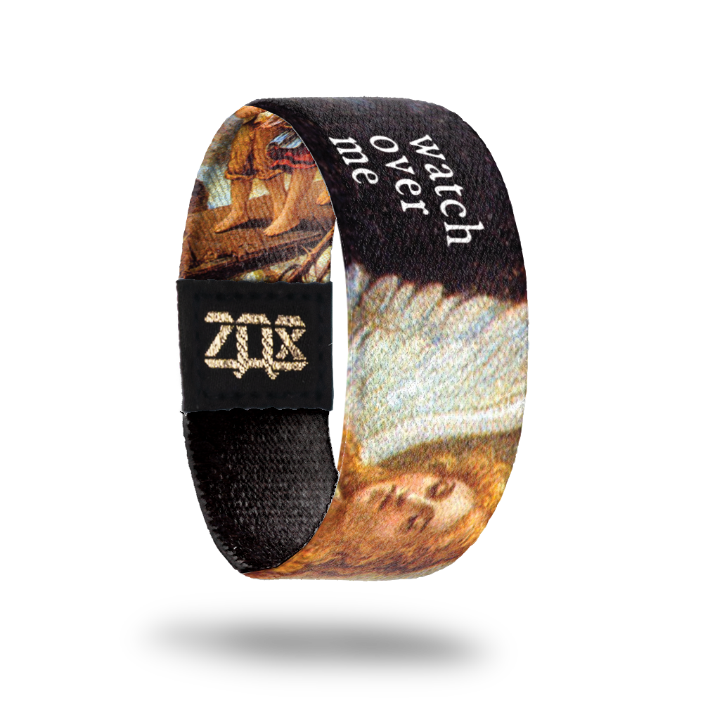 Inside design for Watch Over Me. Black background with a painted angel face with a wing and Watch Over Me in white text