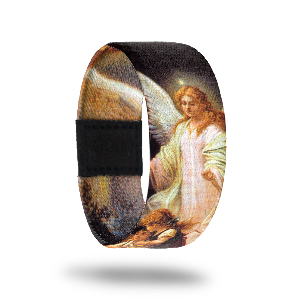 Outside design for Watch Over Me. Black background with a painted image of an angel watching over two young children