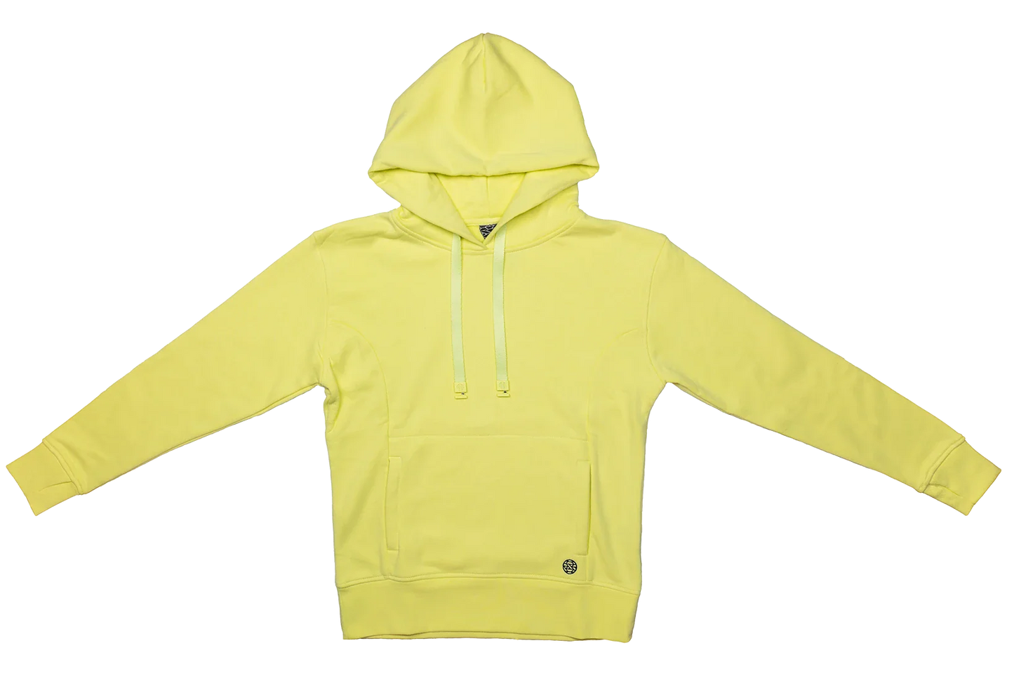 Hoodie with a kangaroo pocket, in bright yellow color. It comes with a matching colored hoodie string and thumbholes on the sleeves. 