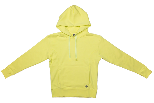 Hoodie with a kangaroo pocket, in bright yellow color. It comes with a matching colored hoodie string and thumbholes on the sleeves. 