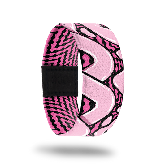Outside design for You and Me. Dark pink background with black zig-zag lines and large light pink loop lines over the background