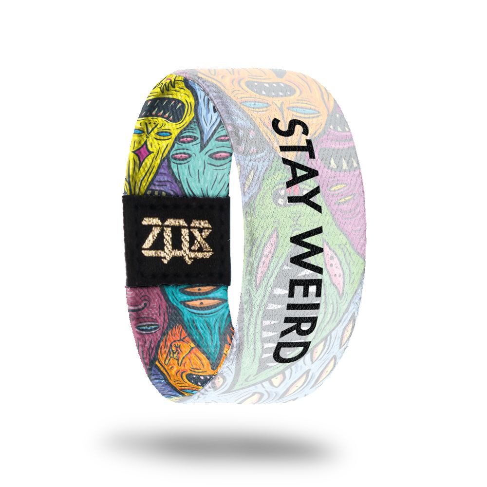 Inside design for Stay Weird. Unique colorful creatures created by artist Lurk with a transparent white layer and Stay Weird in black text