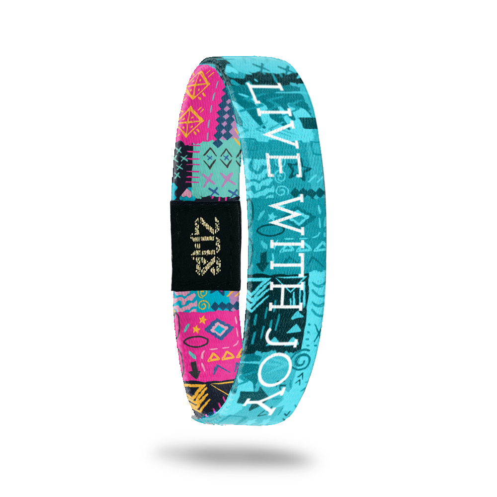 Product photo of inside design with white text live with joy overlaying a teal hand drawn geometric and abstract art background